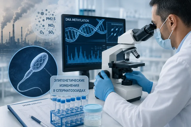 Учёный исследует образец спермы в современной лаборатории репродуктивной медицины