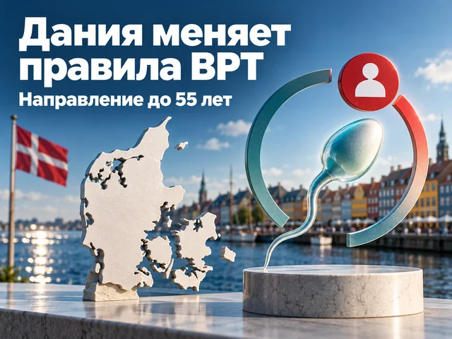 Карта Дании рядом с моделью сперматозоида и шкалой возрастного ограничения для государственного лечения бесплодия