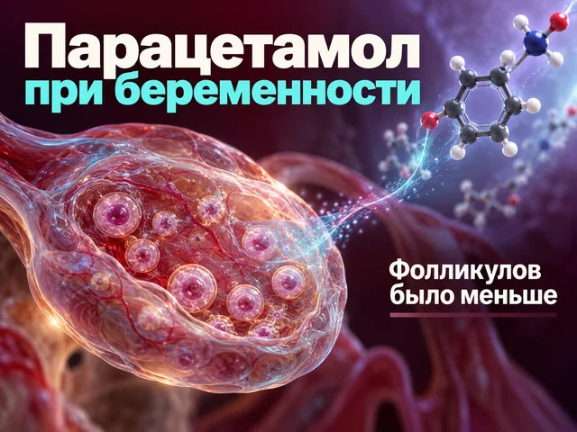 Модель развивающегося яичника девочки с фолликулами рядом с условным изображением молекулы парацетамола