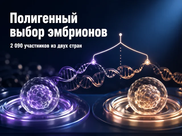 Две прозрачные модели бластоцист рядом со спиралью ДНК и условной зоной выбора между эмбрионами