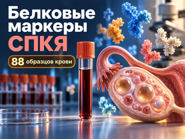 Пробирка с образцом крови рядом с моделью яичника и светящимися белковыми молекулами