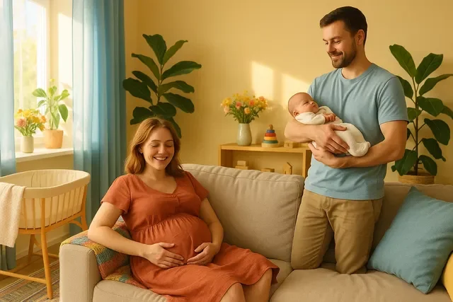 «После родов: яркий уют дома — мама отдыхает, рядом папа и малыш»