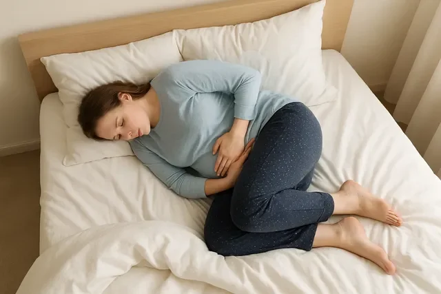 Мама лежит на кровати и держится за низ живота — послеродовой дискомфорт