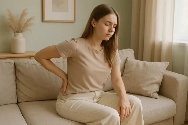 Женщина с дискомфортом в спине после родов, домашняя обстановка