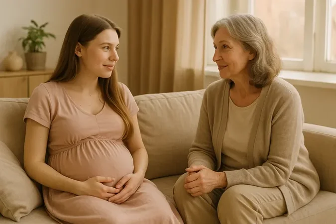 Беременная женщина и бабушка обсуждают мифы о беременности дома