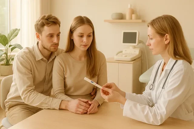 Пара выбирает клинику ЭКО и изучает список анализов с врачом