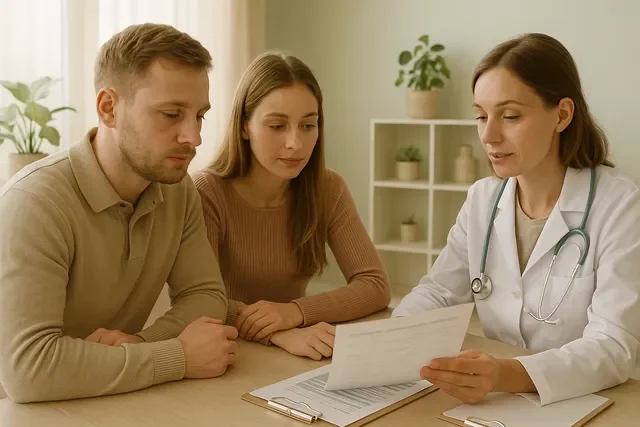 Пара обсуждает стоимость ЭКО в России с врачом и смотрит расчёт бюджета