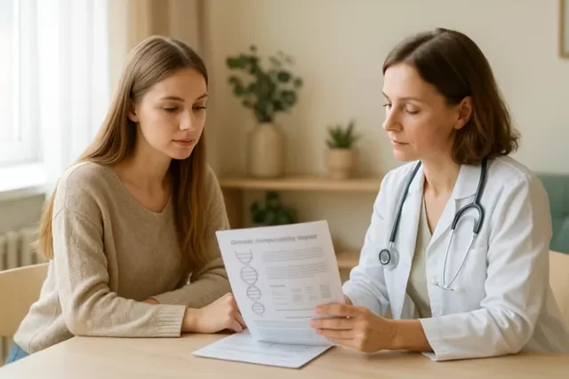 Пациентка изучает отчёт о генетической совместимости донорского эмбриона вместе с врачом
