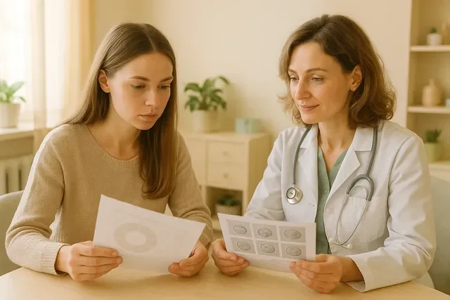 Врач показывает пациентке отчёты по генетике и PGT для выбора донорских эмбрионов