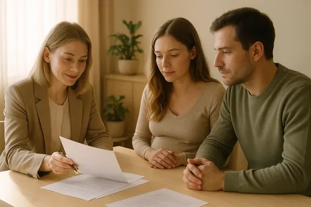 Юрист и пара обсуждают ключевые пункты договора суррогатного материнства