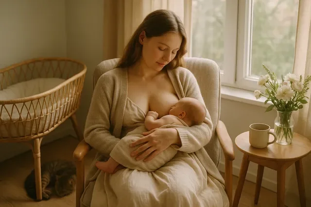 Славянская молодая мама сидит в мягком кресле у окна кормит малыша грудью рядом стоит колыбелька на полу лежит кошка на столике кружка чая и букет цветов тёплая домашняя атмосфера поддержки и первых успехов ГВ.