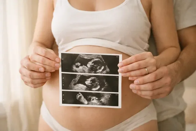 Будущие родители держат снимки УЗИ на фоне живота беременной женщины