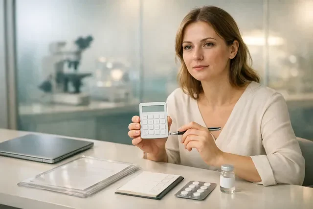 Девушка с калькулятором за столом: считает стоимость ЭКО по этапам