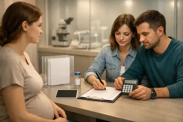 Беременная девушка и семейная пара за столом считают бюджет и записывают на калькуляторе