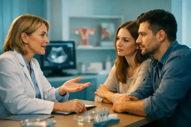 Кабинет репродуктолога: врач объясняет семейной паре план лечения, спокойная консультация