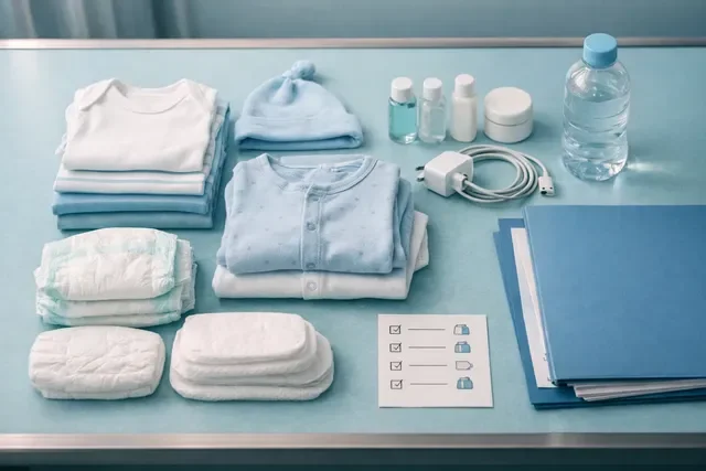 Сумка в роддом: аккуратно разложенные вещи мамы и малыша на стерильном столе, рядом документы и мини-чек-лист