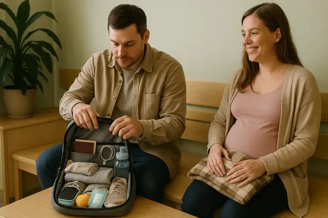 Сопровождающий собирает сумку в роддом рядом с беременной женщиной в светлой комнате