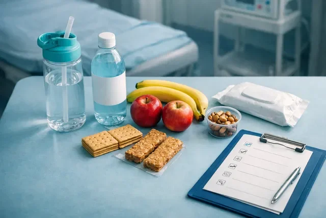 Безопасные перекусы и питьё в роддом: вода, батончики и фрукты аккуратно разложены рядом с папкой документов