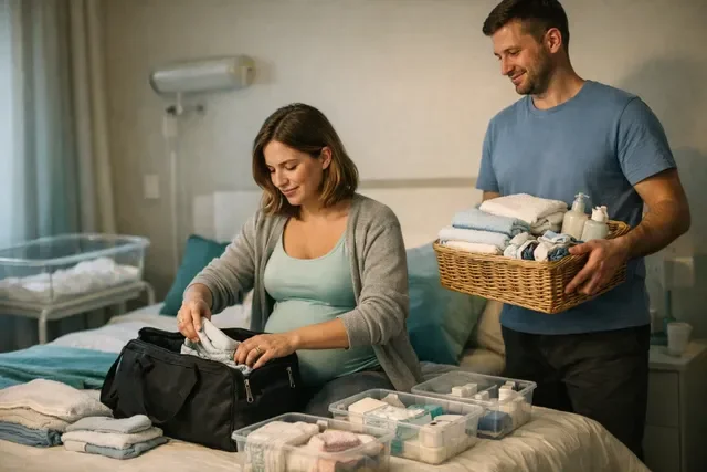Беременная женщина собирает сумку в роддом на кровати, партнёр рядом с корзиной вещей, уютная подготовка