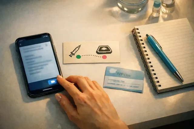 Когда сообщать о беременности после ЭКО: на экране телефона черновик сообщения врачу, рядом блокнот с планом ХГЧ и УЗИ