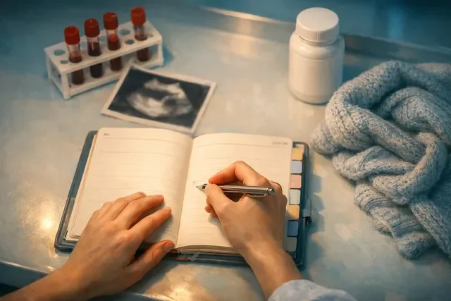 Дневник первых 12 недель после ЭКО: блокнот с отметками недель, витамины и результаты анализов на столе в клинике