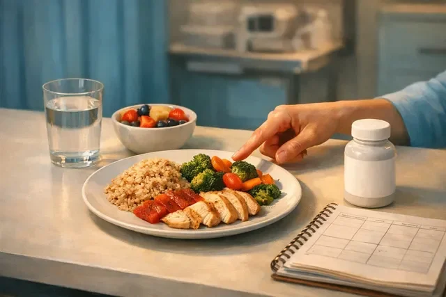 Питание и образ жизни в первом триместре: здоровая тарелка, вода и блокнот с планом на столе в клинике