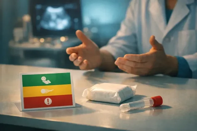 Тянущие боли и выделения после ЭКО: спокойная консультация у врача, на столе аккуратная памятка и блокнот