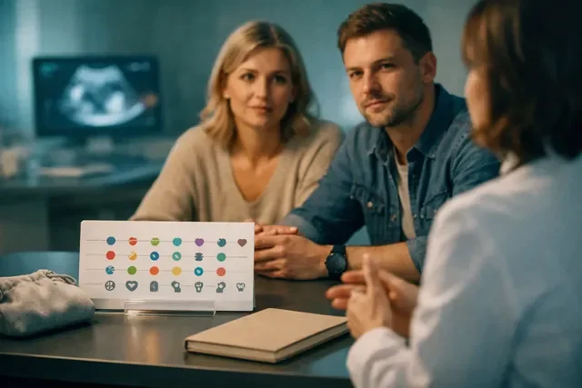 Симптомы беременности после ЭКО: календарь недель на столе у врача и спокойная консультация пары