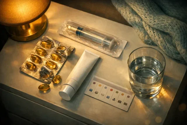 Прогестероновая поддержка после ЭКО: вечерняя рутина, тёплый свет, календарь и набор на тумбочке