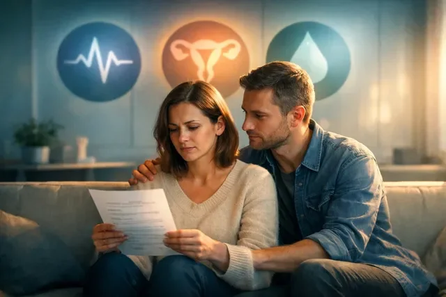 Первые недели после ЭКО: пара читает памятку, партнёр поддерживает, на стене мягкие иконки срочности без текста