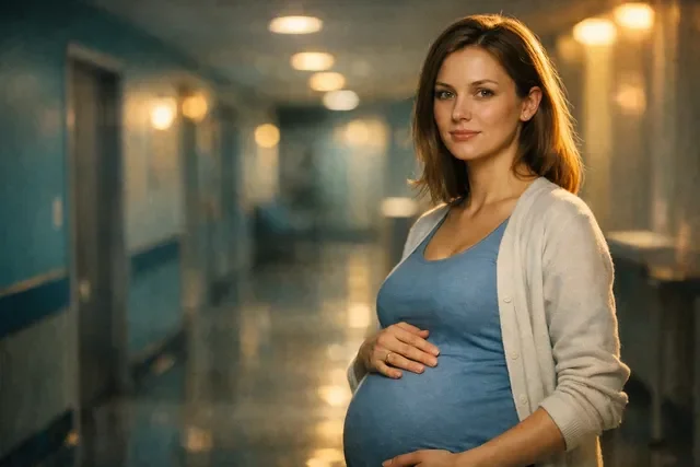 Беременная женщина в коридоре женской консультации, спокойный кадр о постановке на учет после ЭКО