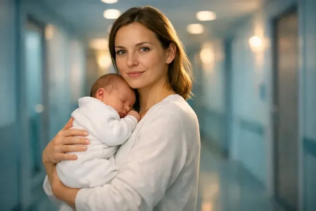 ЭКО: мама с малышом на руках в клинике, мягкий свет, спокойная уверенность