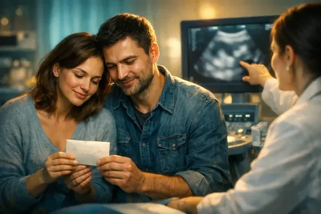 Анатомическое УЗИ 18–24 недели: тёплая сцена ожидания, пара смотрит на экран, спокойная уверенность