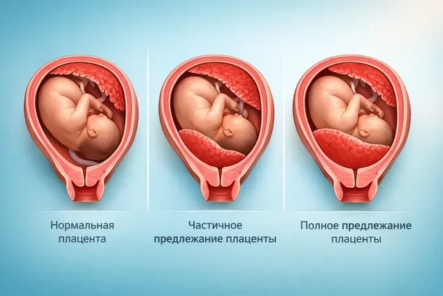 Схема с подписями: нормальная плацента, частичное предлежание плаценты, полное предлежание плаценты