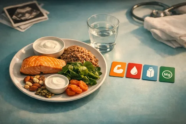 Питание во втором триместре: тарелка с продуктами и карточки минералов, спокойный медицинский стиль