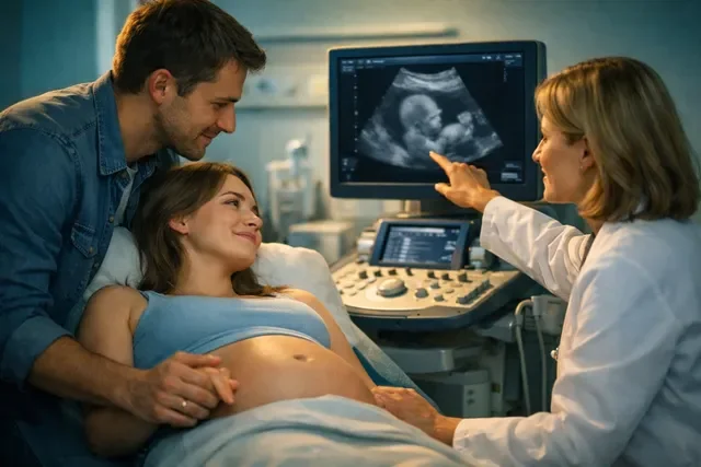 Беременная на УЗИ во втором триместре: врач показывает на экран, муж держит за руку, спокойная тёплая сцена
