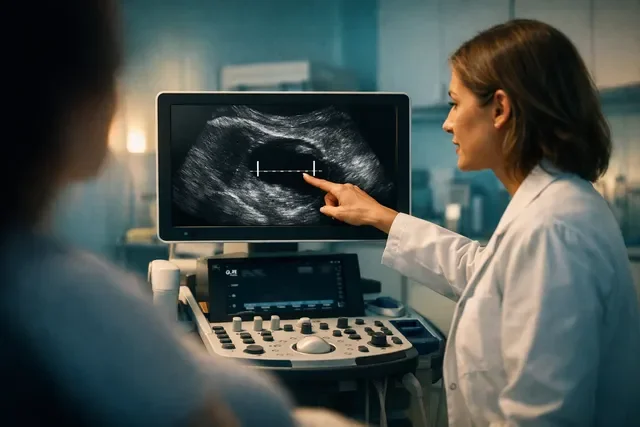 Врач УЗИ в кабинете показывает на экране измерение длины шейки матки во втором триместре