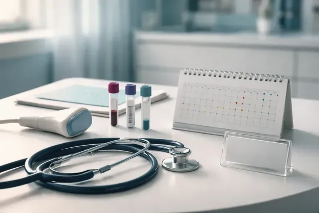 Календарь визитов и анализов во II триместре: стол врача, стетоскоп и план наблюдения, чистая клиника