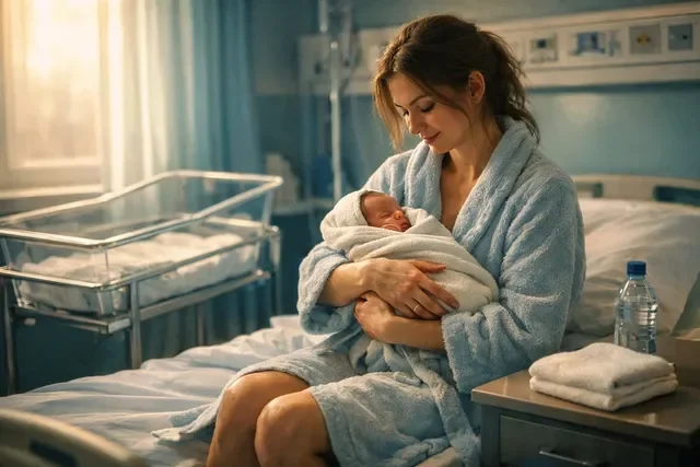 Палата после родов: мама с новорождённым рядом с кроватью, тёплый спокойный кадр восстановления