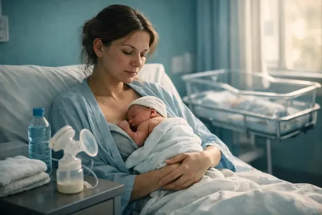 Грудное вскармливание после ЭКО: мама держит новорождённого кожа к коже в палате, рядом молокоотсос и пелёнка