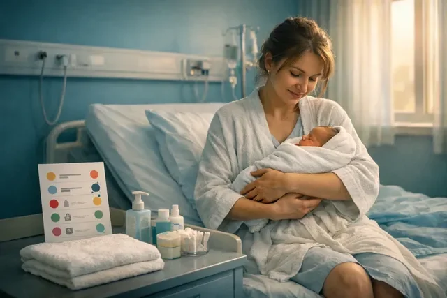 Послеродовое восстановление: мама в палате отмечает план ухода, рядом аккуратные вещи и спокойный свет