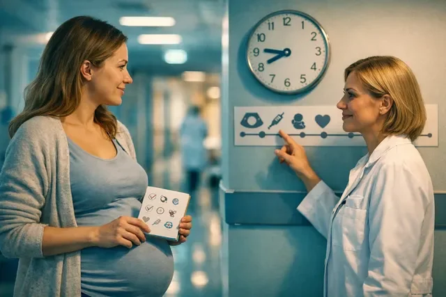 Предвестники родов и ложные схватки: беременная в коридоре роддома с врачом, спокойная подсказка когда ехать