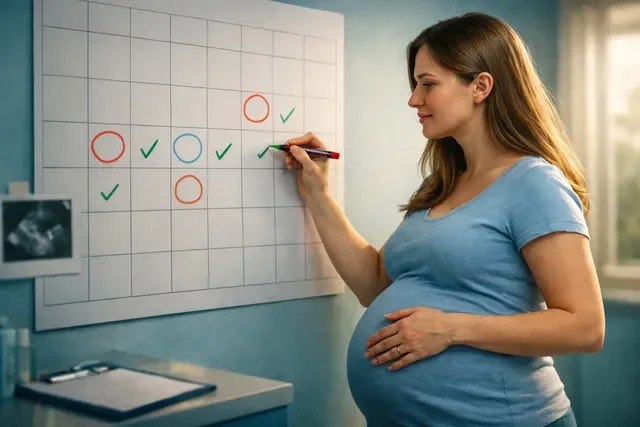 Подготовка к родам: беременная отмечает даты на большом календаре, спокойный план и уверенность