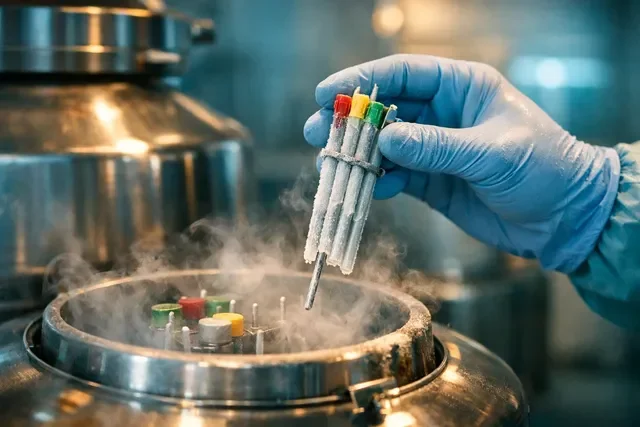 Замороженные эмбрионы в криохранилище: криосоломинки и контейнер с жидким азотом в стерильной лаборатории