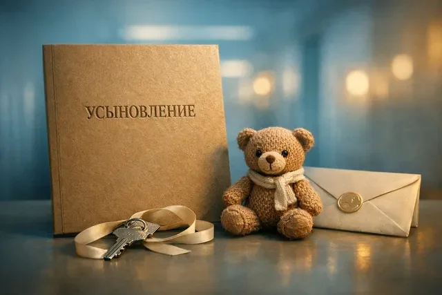Путь к усыновлению: ключ от дома и детская игрушка на папке документов, стильный тёплый кадр надежды