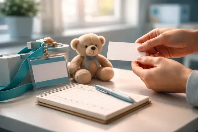 Волонтерство и наставничество: тёплая поддержка ребёнку, блокнот и значок волонтёра на столе, спокойный кадр