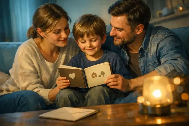 Мама и папа разговаривают с ребёнком об истории происхождения дома, тёплый семейный кадр доверия