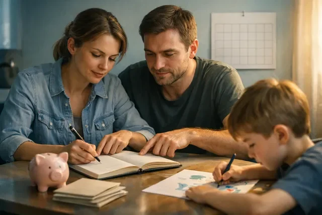 Приёмная семья планирует бюджет: мама, папа и ребёнок за столом с блокнотом расходов, копилкой и календарём, тёплый кадр