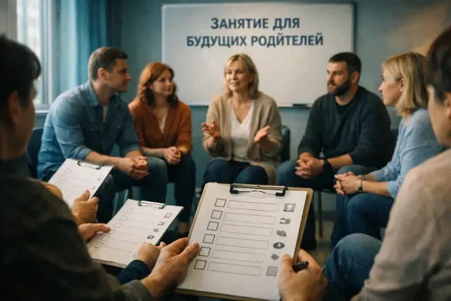Групповое занятие для будущих приемных родителей в центре поддержки семьи, обсуждение и упражнения