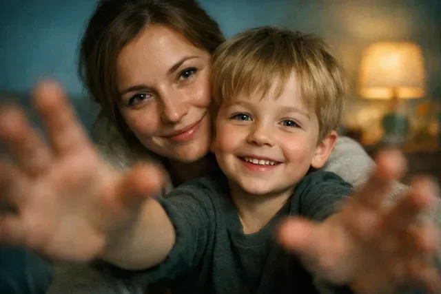 Мама и ребёнок улыбаются в объектив, тёплый домашний кадр близости и доверия